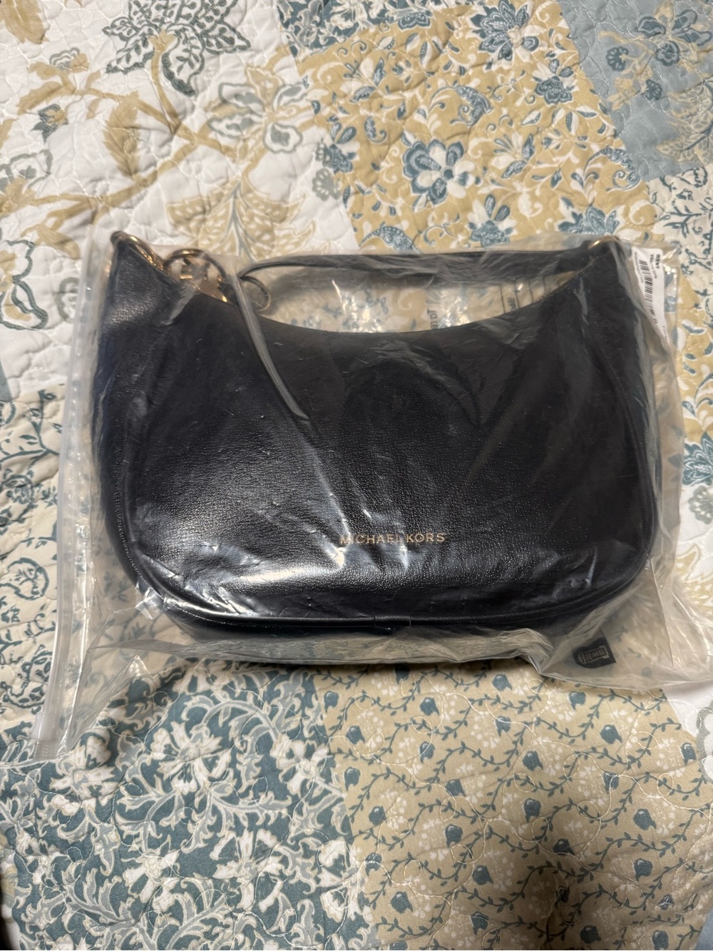 Michael Kors Black Leather Crescent Shoulder Bag with Gold Logo